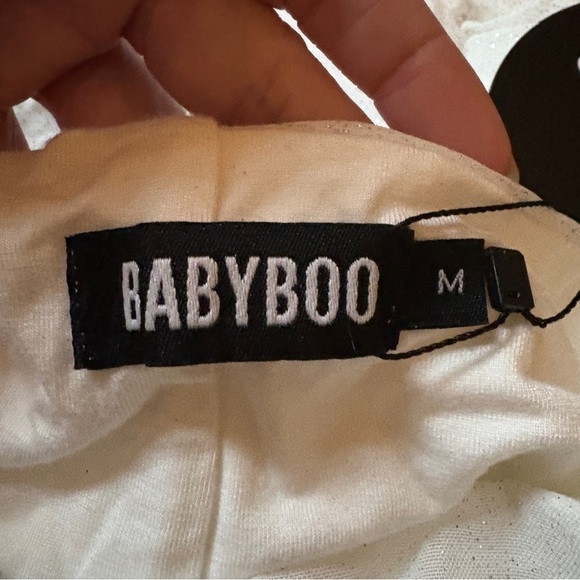 Babyboo White Glitter Ruched Mini Skirt Ruffle Hem Women’s Size M NWT - Picture 3 of 3